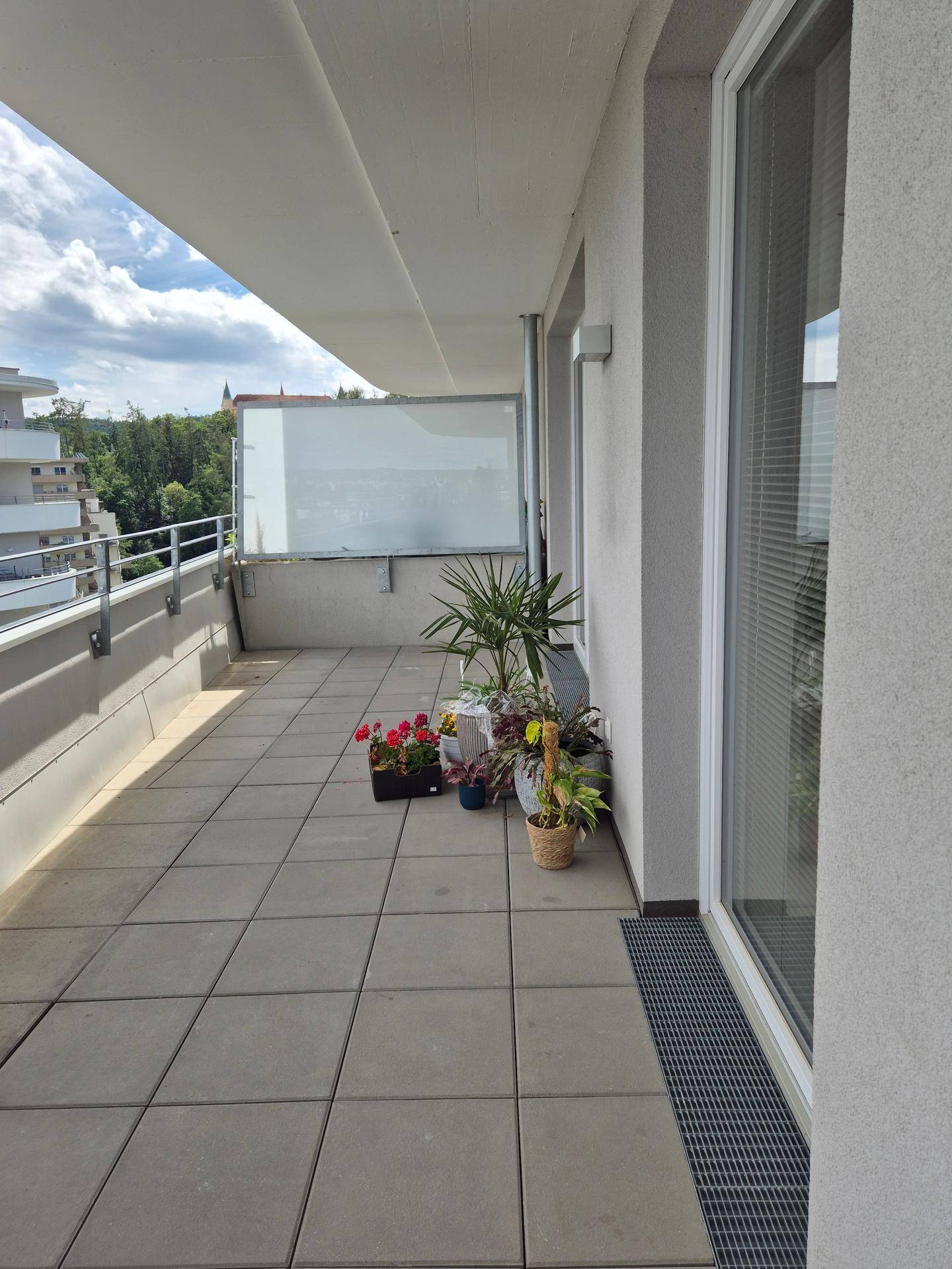 Geräumiger Balkon mit Fliesenboden und Pflanzen, ideal für entspannte Stunden im Freien.