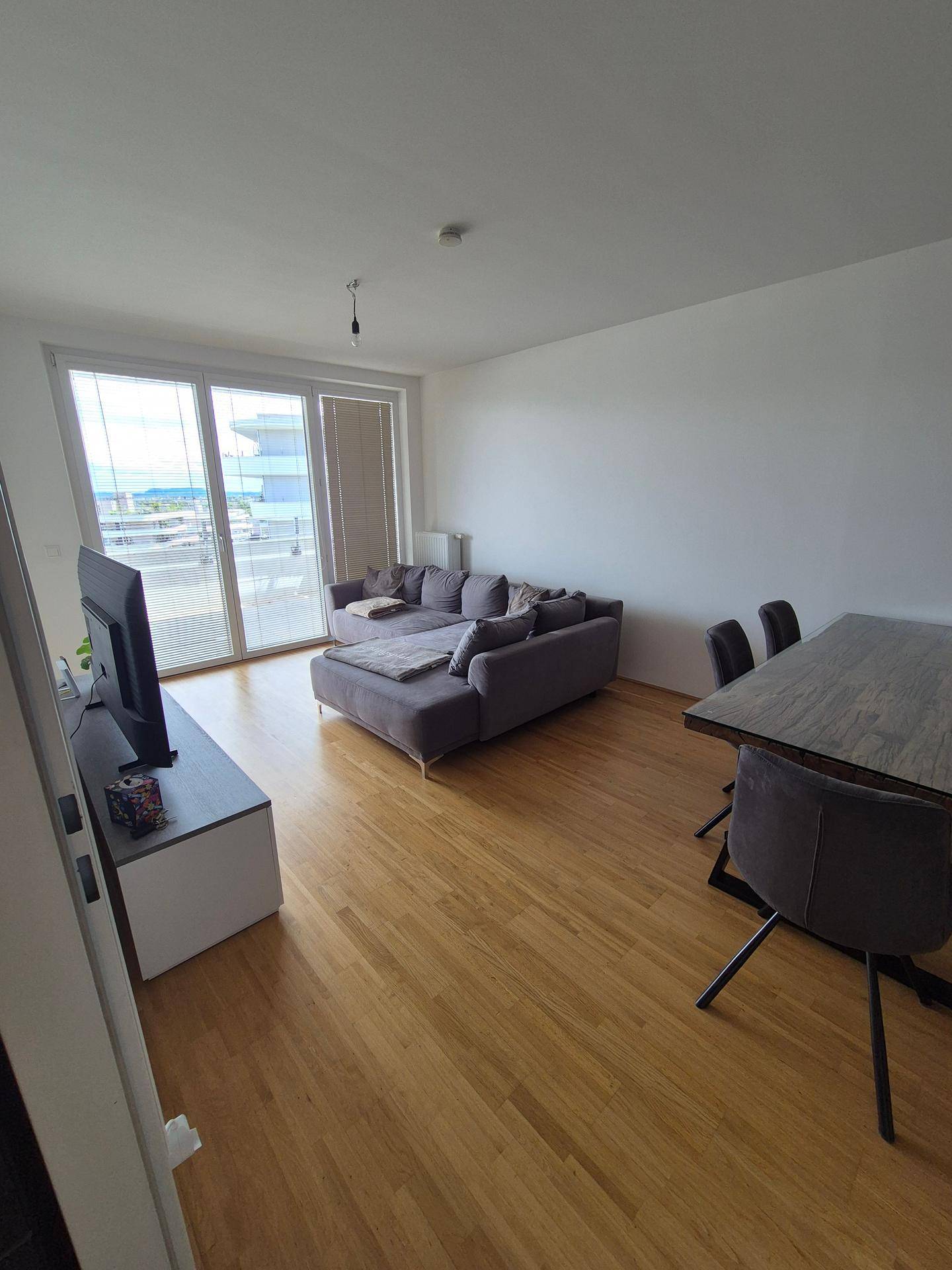Geräumiger Wohn-Essbereich mit Sofa, Esstisch und großen Fenstern, die viel Tageslicht hereinlassen.