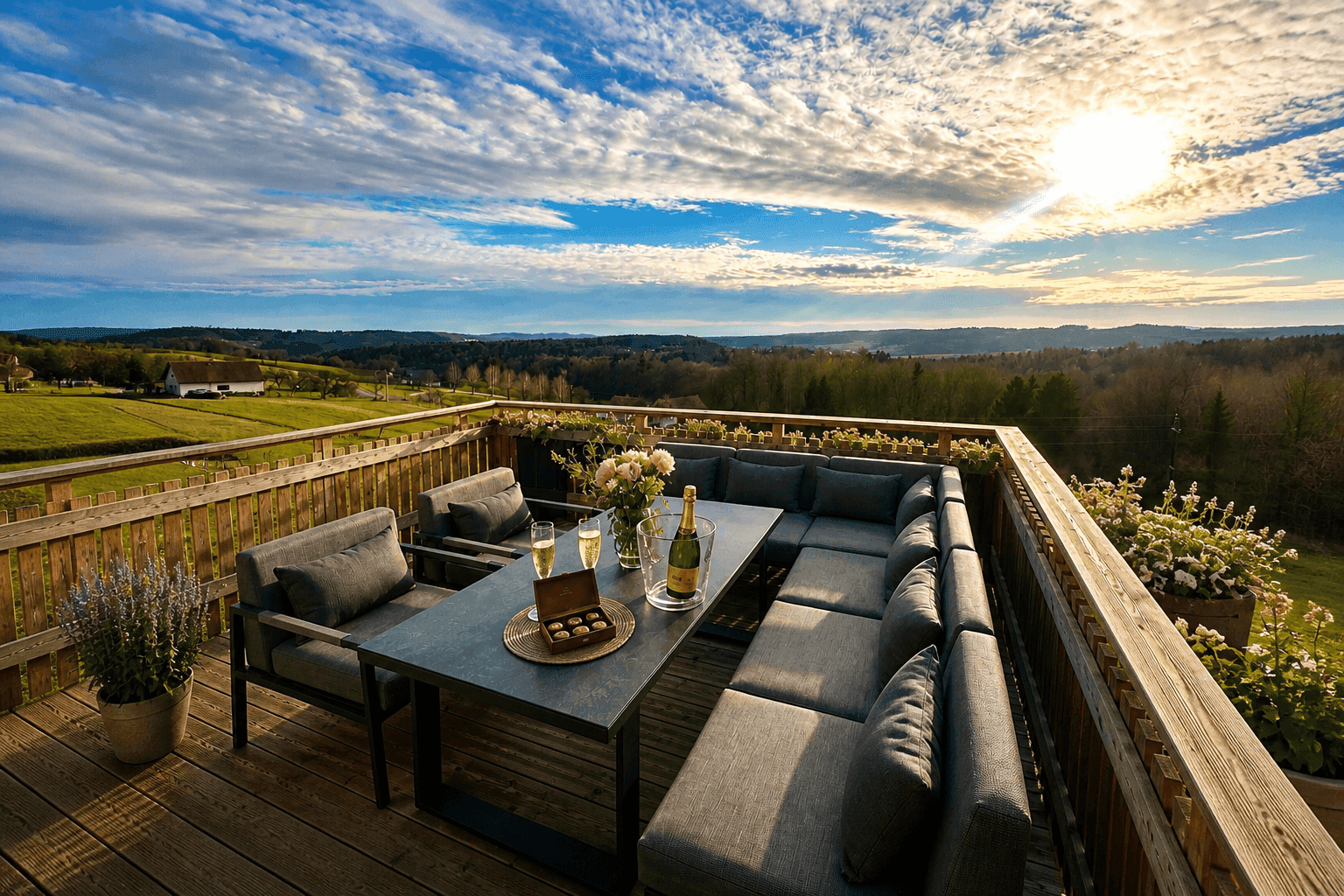 Geräumige Dachterrasse mit bequemen Loungemöbeln und malerischem Blick über die Landschaft.