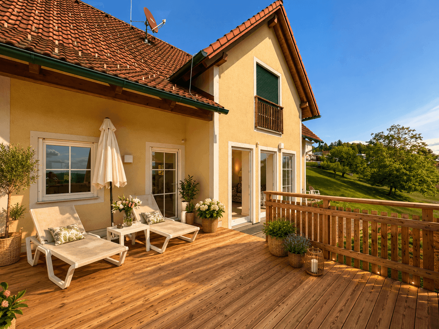 Große Holzterrasse mit Sonnenliegen und Zugang zum Haus, umgeben von Grün.