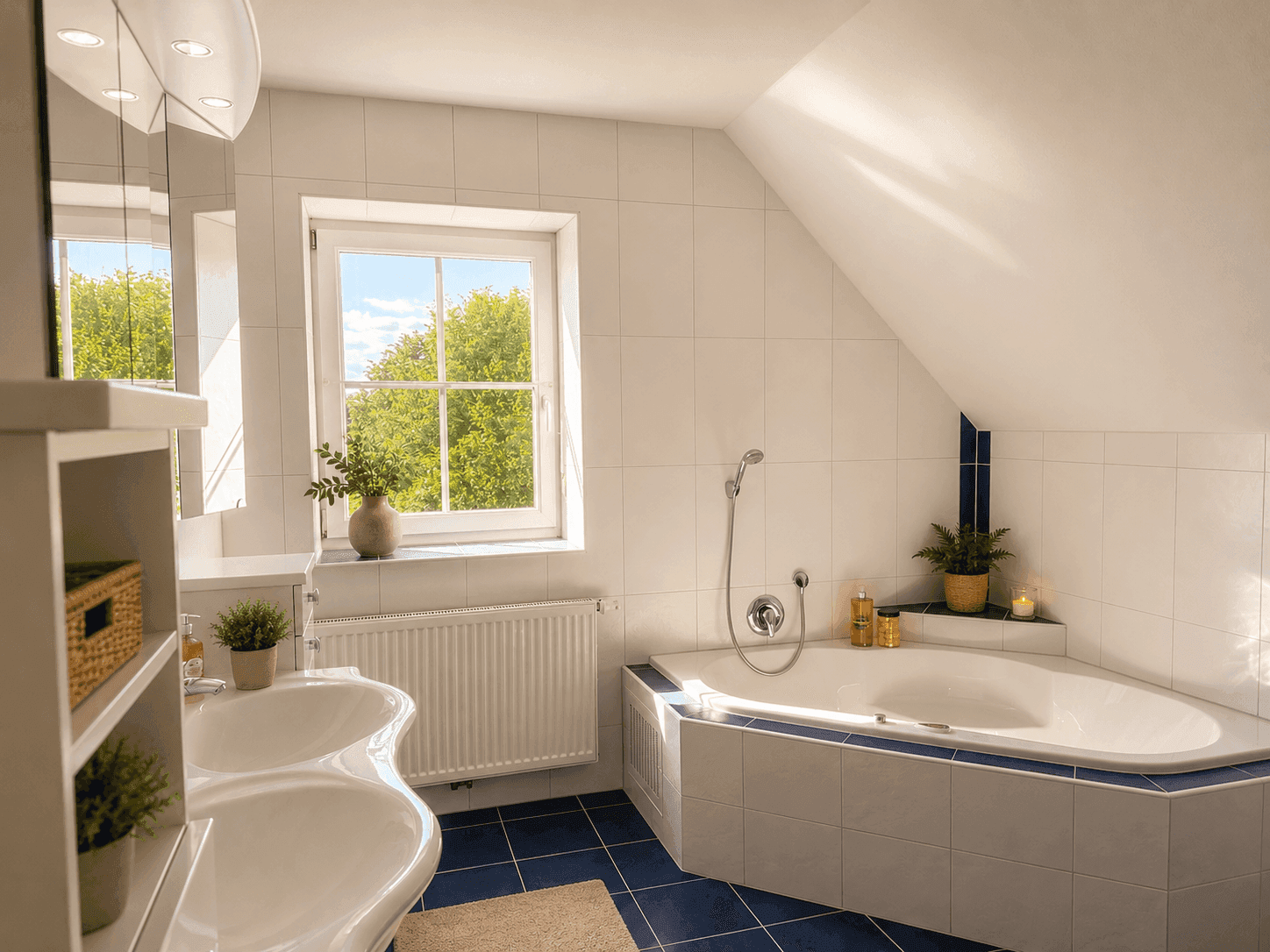 Helles Badezimmer im Dachgeschoss mit Eckbadewanne, Doppelwaschbecken und Fenster.