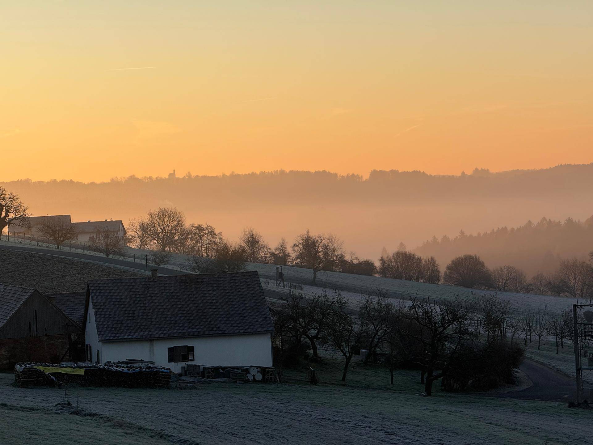 Weitläufige ländliche Landschaft in der Morgendämmerung mit leichter Nebelstimmung.