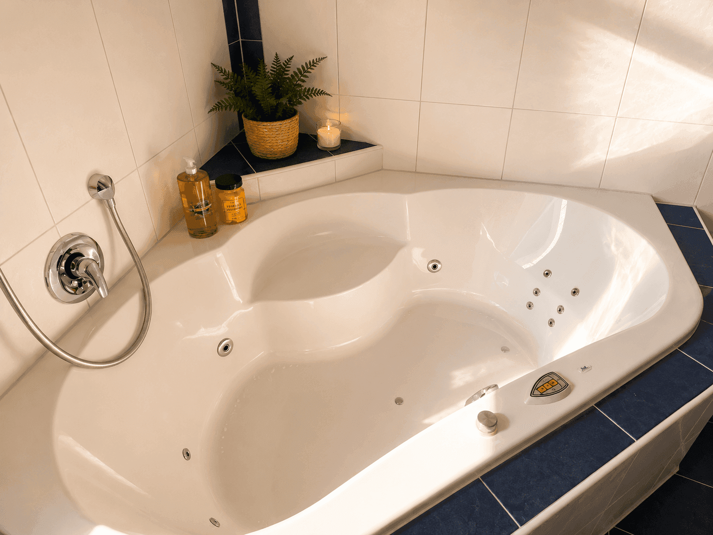 Detailaufnahme einer Eckbadewanne mit Whirlpool-Funktion in einem gefliesten Badezimmer.