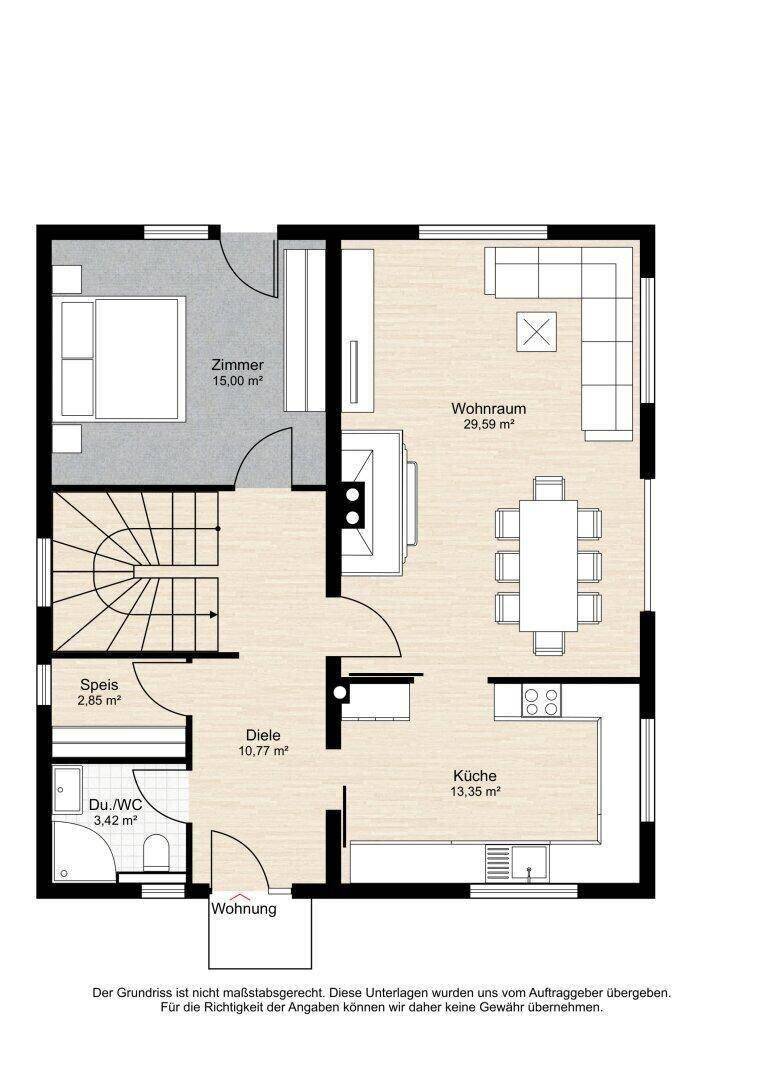 Grundriss des Erdgeschosses mit Wohnraum, Küche, Zimmer und separatem Dusch-WC.