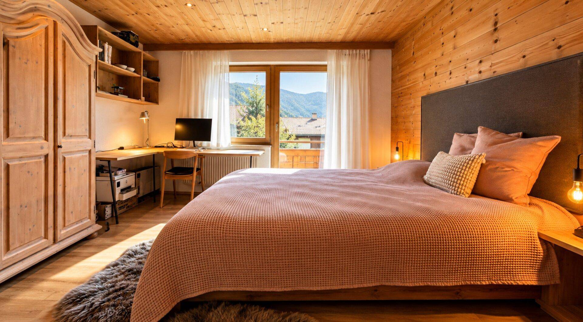 Gemütliches Schlafzimmer mit Holzwänden, Doppelbett, Schreibtisch und Bergblick.