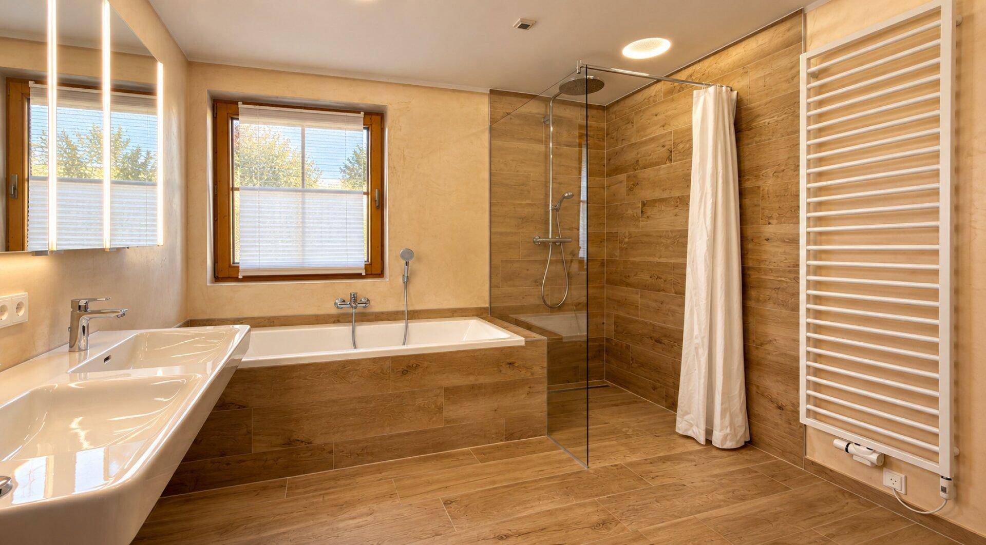 Modernes Badezimmer mit Badewanne, Glasdusche, Doppelwaschbecken und beheiztem Handtuchhalter.