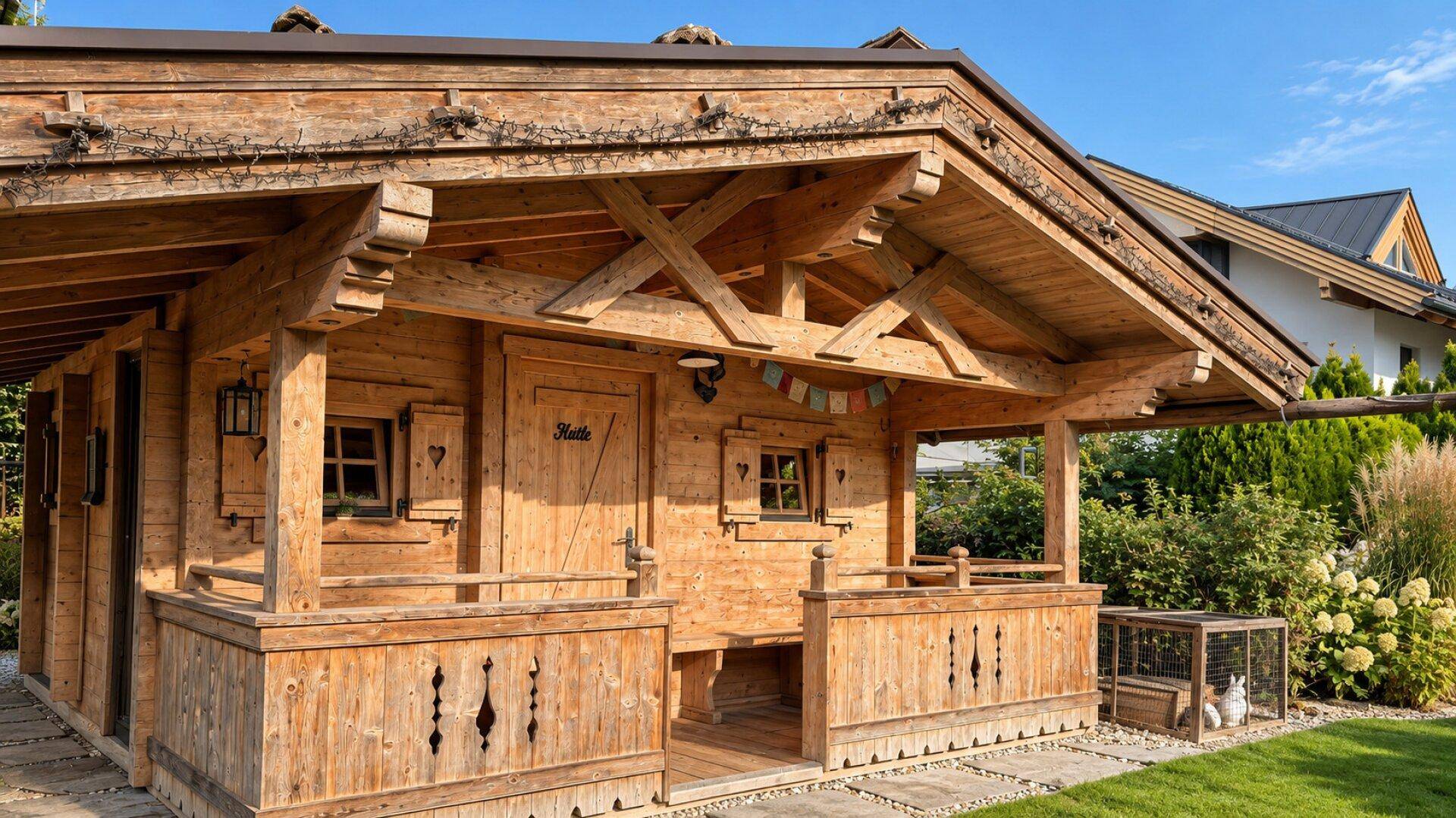 Rustikale Holzhütte im Chalet-Stil mit traditionellen Verzierungen und Hühnerstall im Garten.