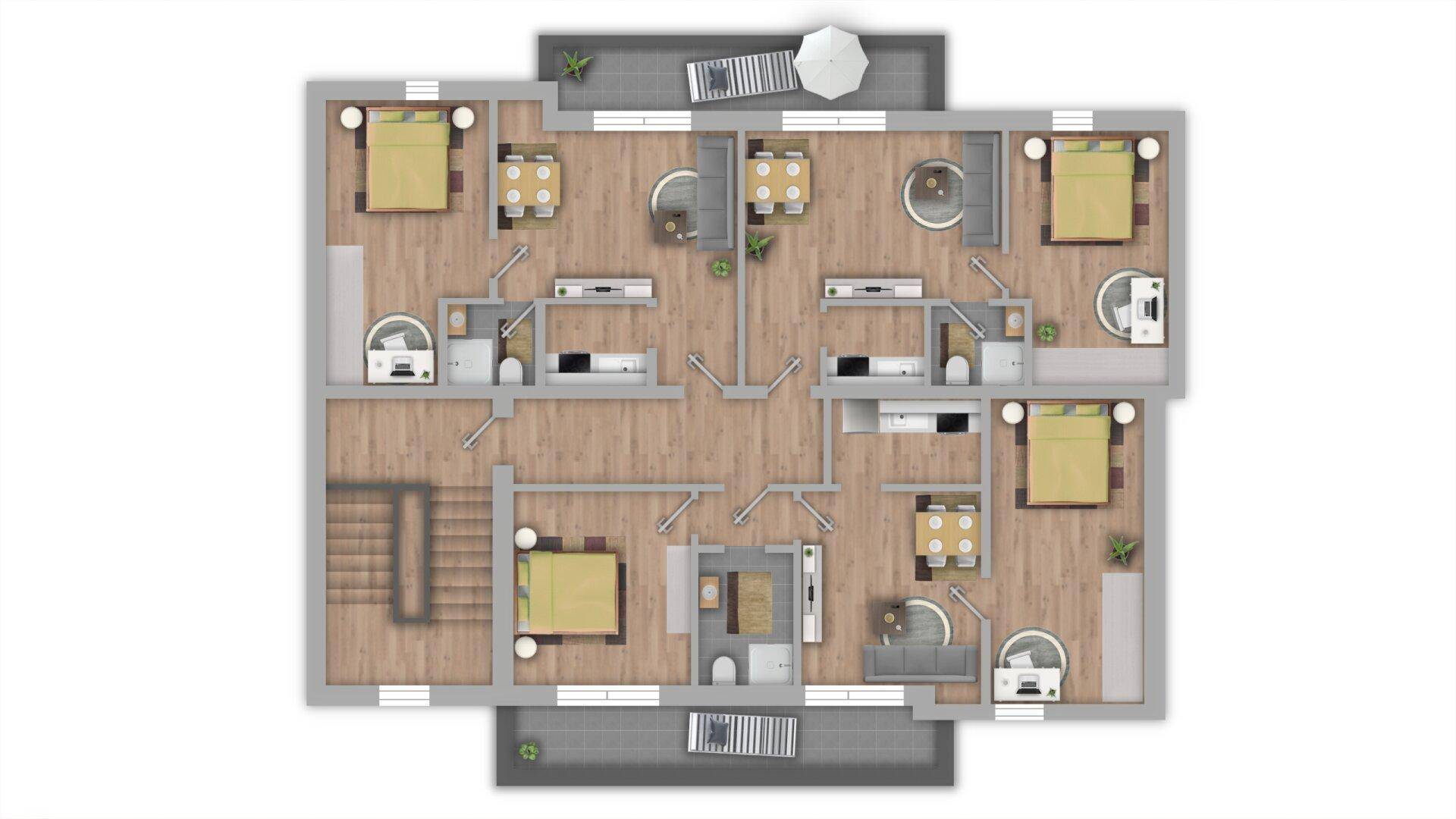 Möblierter Grundriss einer Etage mit mehreren Wohneinheiten, Schlafzimmern und Bädern.