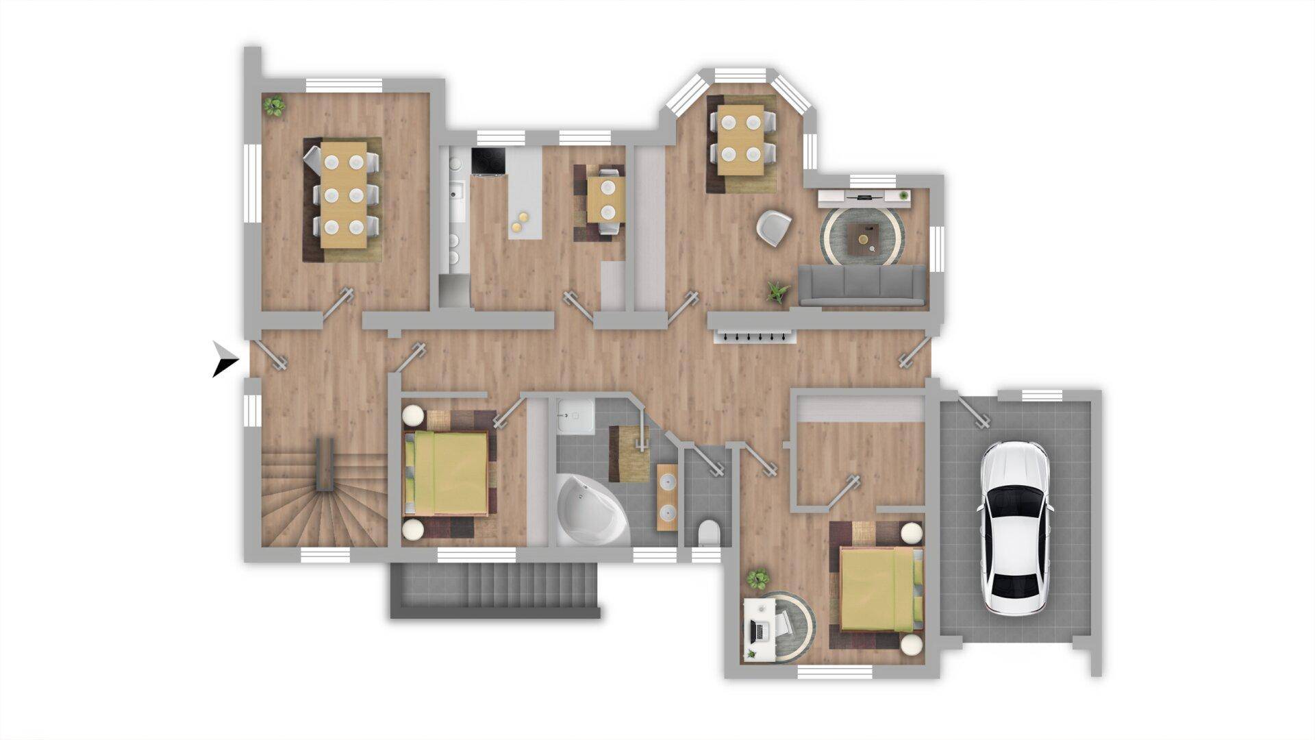 Möblierter Grundriss des Erdgeschosses mit Wohnbereich, Küche, Schlafzimmern und Garage.