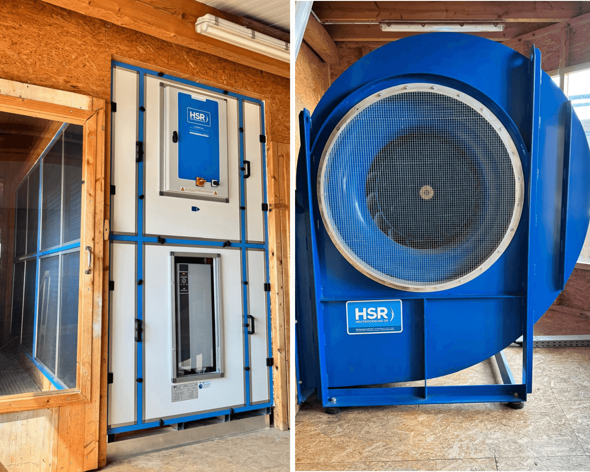Große Lüftungsanlage und Radialventilator in einem Technikraum mit Holzverkleidung.