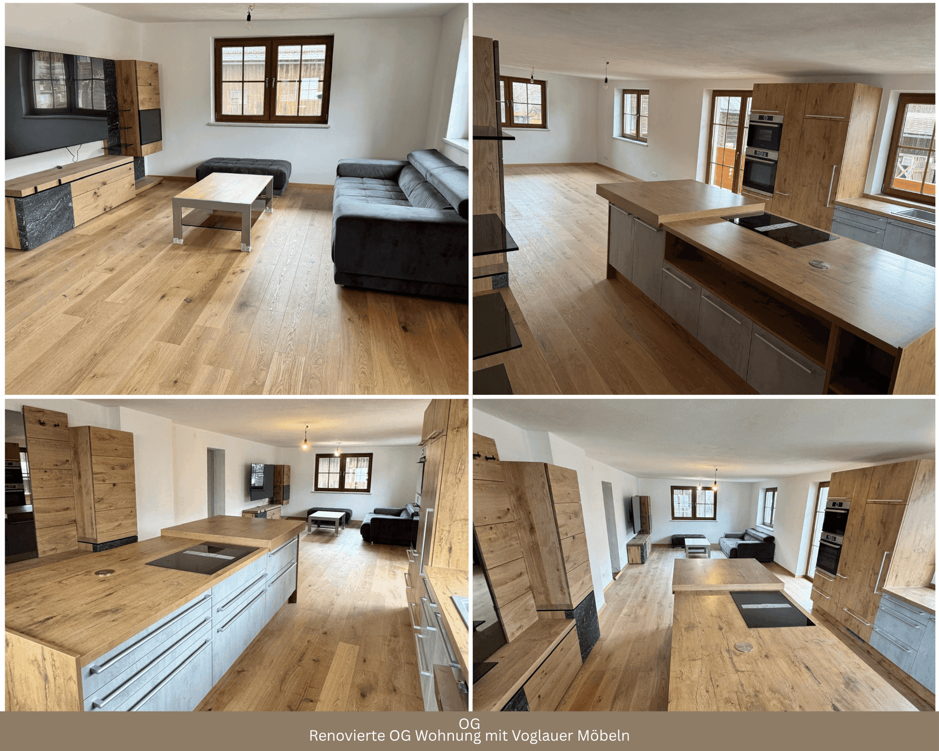 Renovierte offene Wohnküche mit Holzboden, modernen Möbeln und viel Tageslicht.