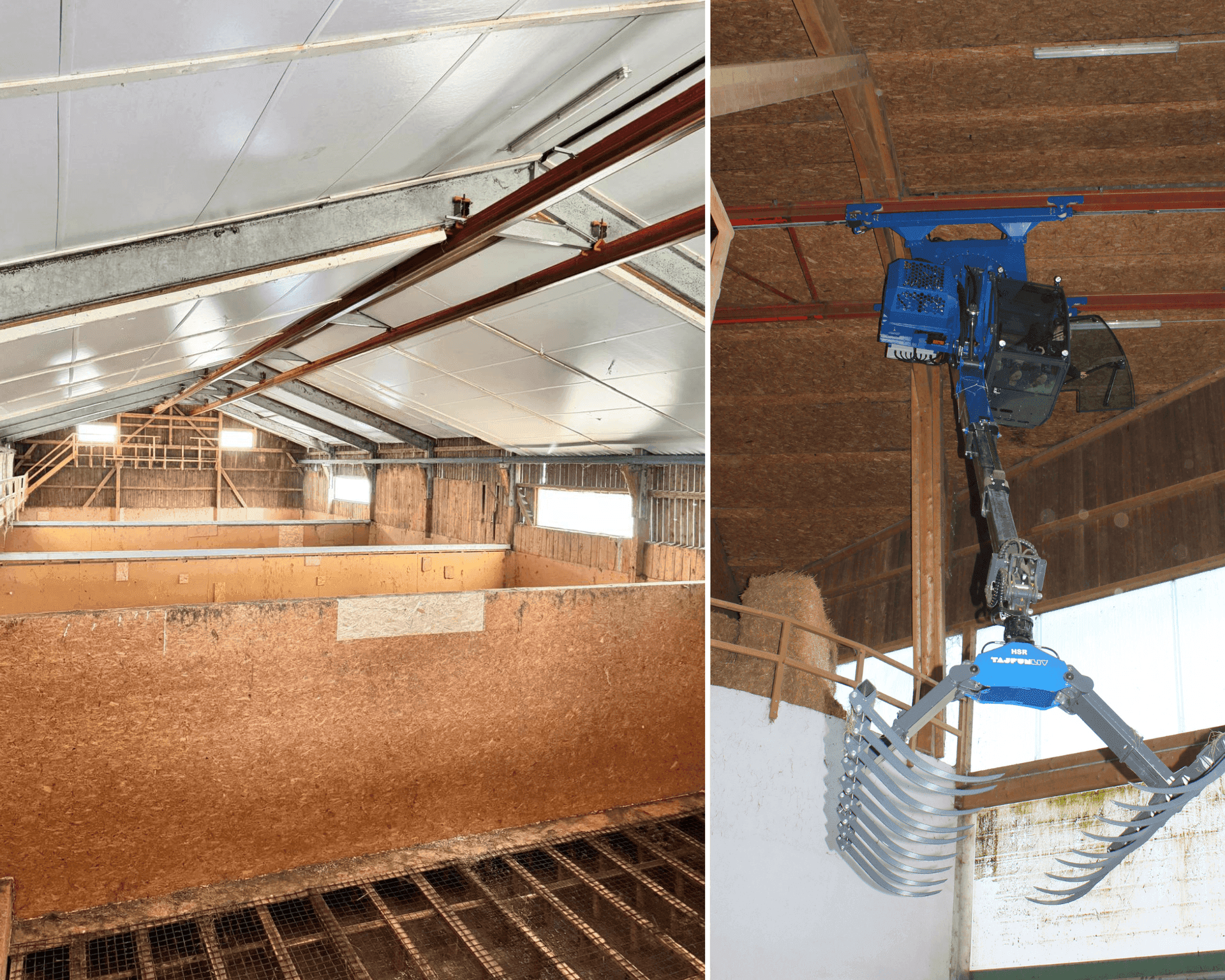Innenansicht eines Stalls mit Holztrennwänden und einem Heukran an der Decke.