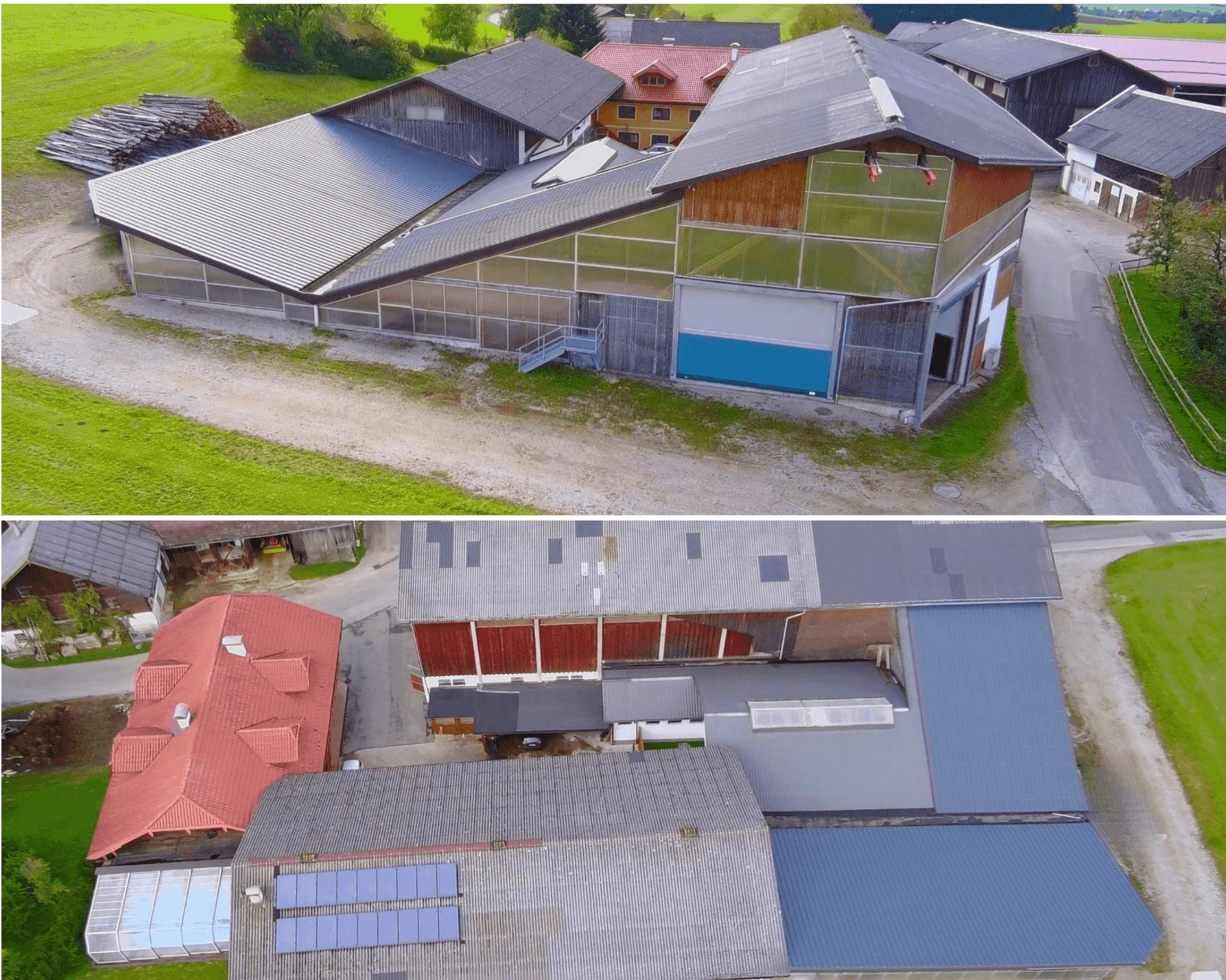 Luftaufnahme eines landwirtschaftlichen Anwesens mit mehreren Gebäuden und Dächern.