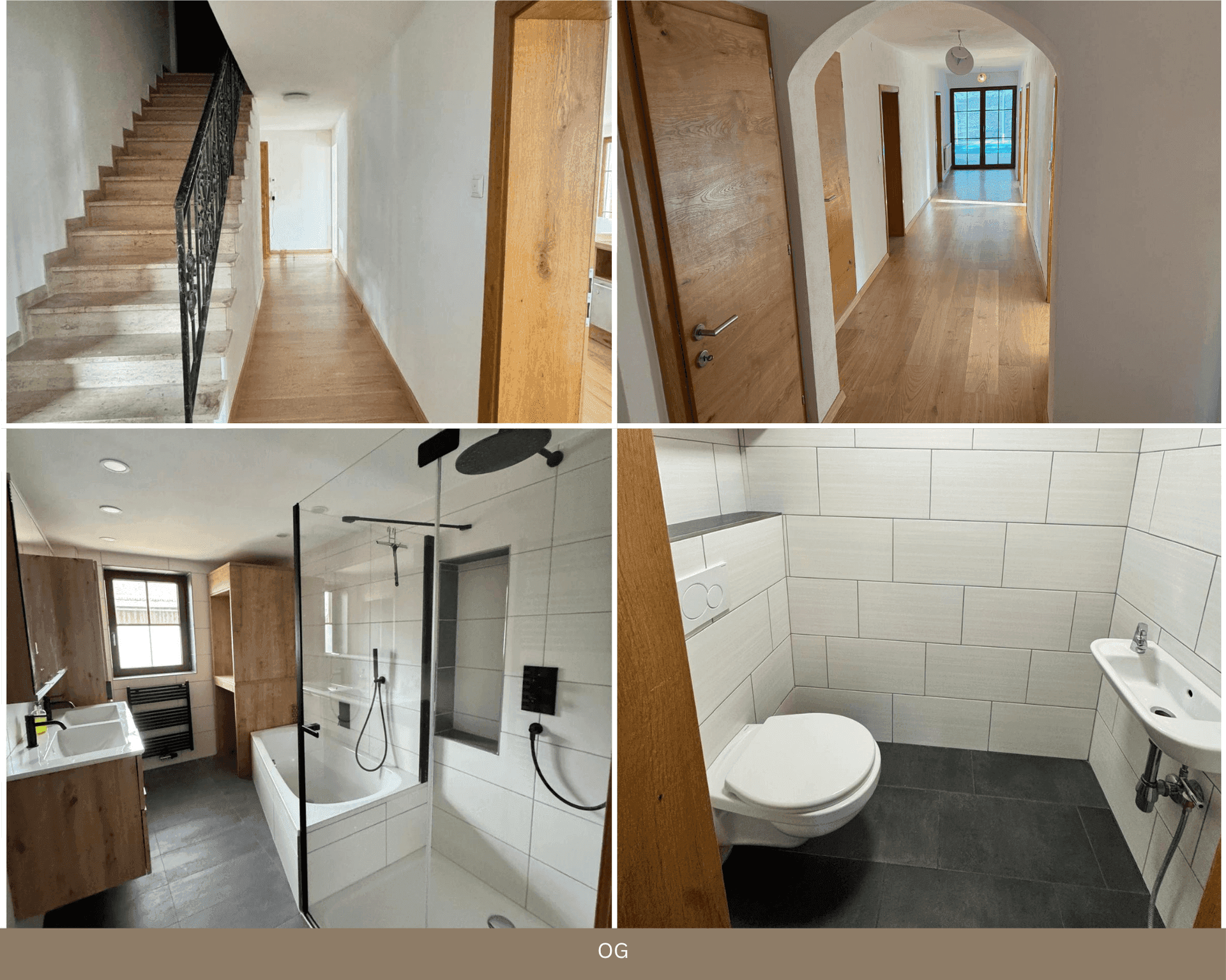 Modernes Badezimmer mit Dusche und Badewanne, ergänzt durch einen hellen Flur und ein separates WC.