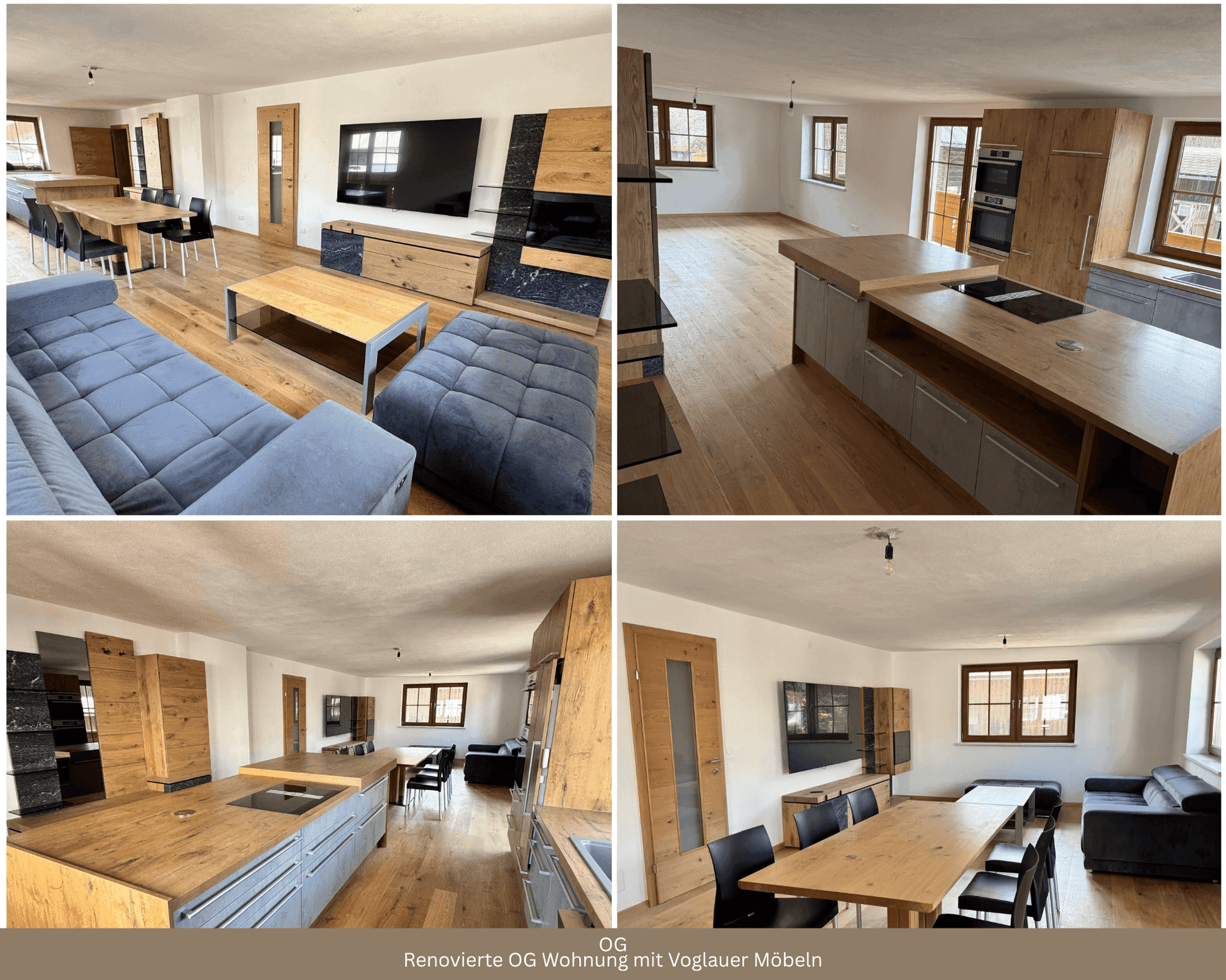 Heller, offener Wohn-Essbereich mit integrierter moderner Küche, Holzböden und Zugang zum Balkon.