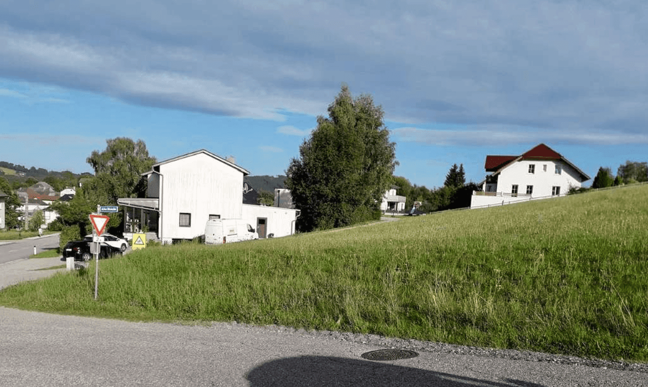 Ländliche Umgebung mit Wohnhäusern, einer grünen Wiese und einer Straße im Vordergrund.