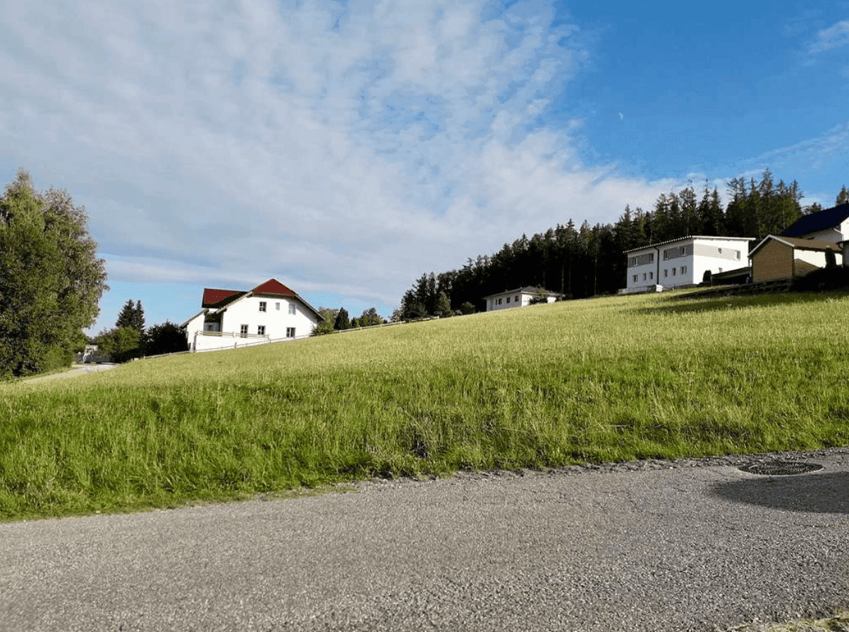 Weitläufige grüne Wiese mit Wohnhäusern am Hang und einem Weg im Vordergrund.