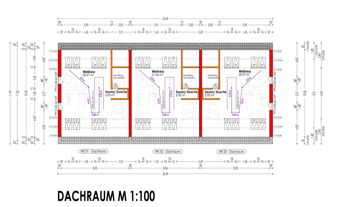 Grundriss des Dachraums mit Wellnessbereichen, Saunen und Duschbädern.