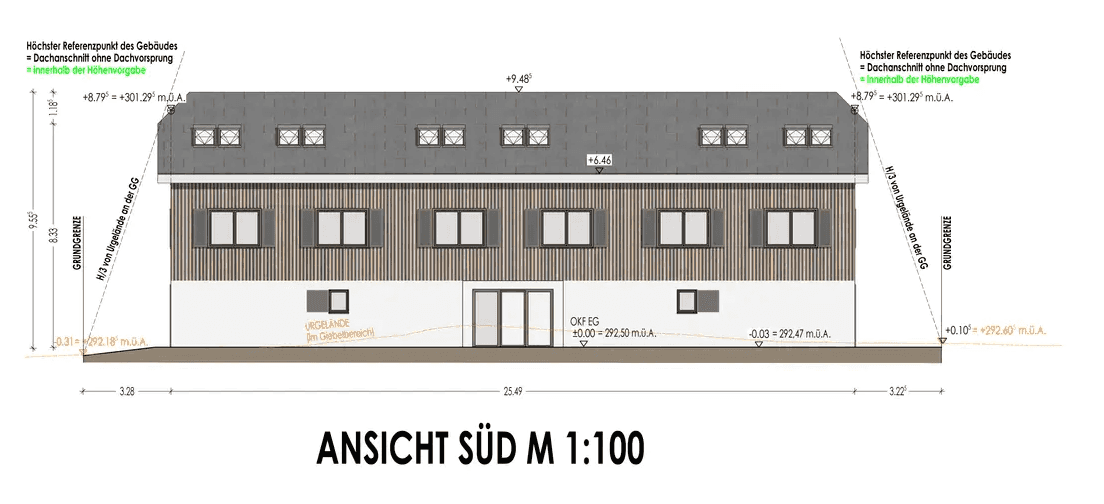 Südansicht des Gebäudes mit großen Fenstern und Zugang zu den Terrassenbereichen.