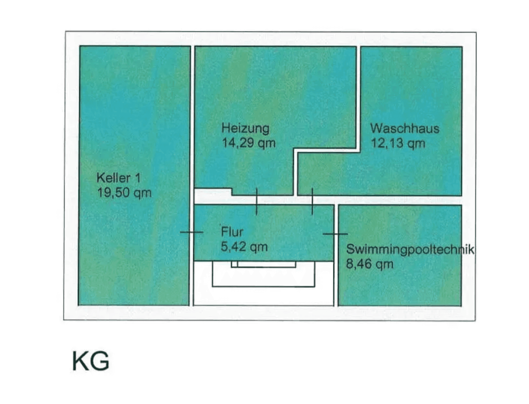 Grundriss des Kellergeschosses mit Kellerraum, Heizung, Waschhaus und Schwimmbadtechnik.