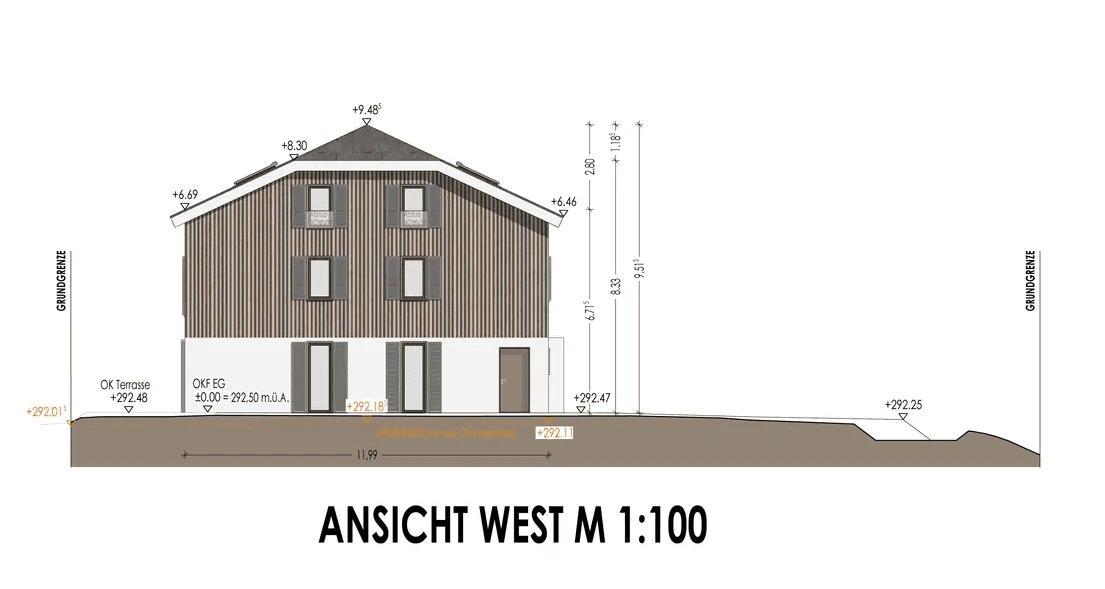 Westansicht des Gebäudes mit schrägen Dächern und moderner Fassadengestaltung.