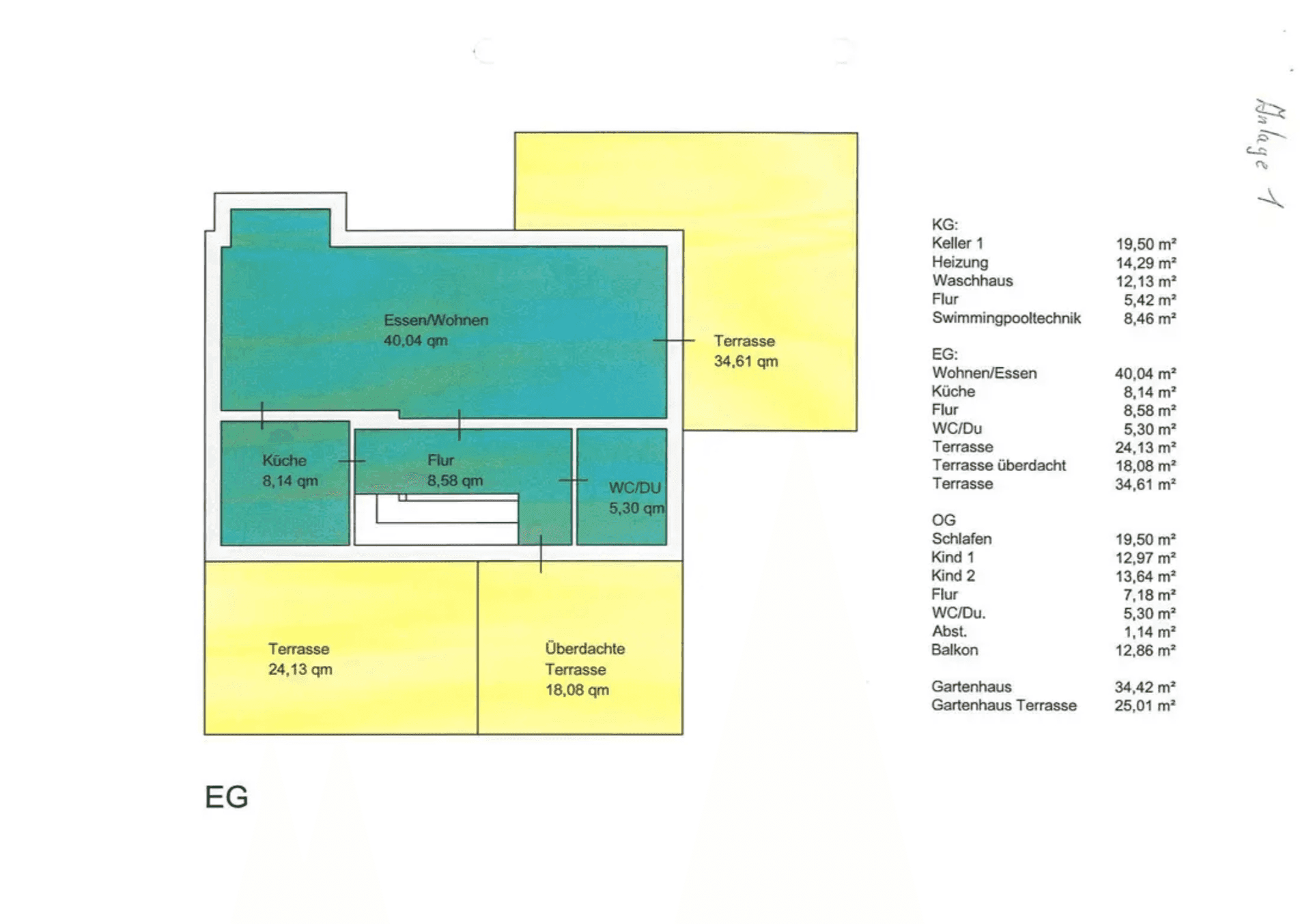 Grundriss des Erdgeschosses mit offenem Wohn-/Essbereich, Küche und zwei Terrassen.