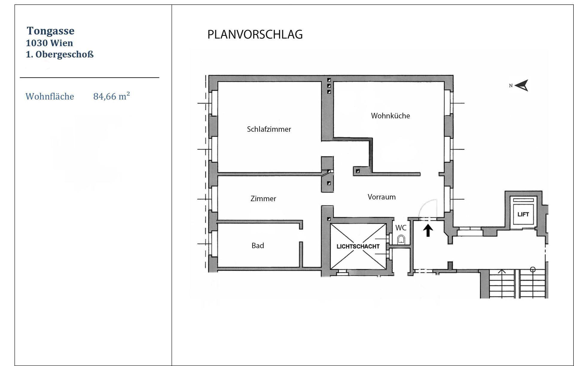 Detaillierter Grundriss einer Wohnung mit Schlafzimmer, Wohnküche, Bad und separatem WC.
