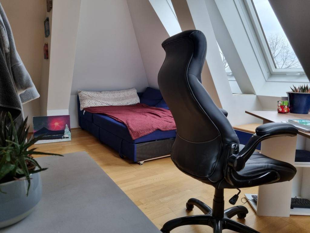 Schlaf- und Arbeitsbereich im Dachgeschoss mit Holzboden und natürlichem Lichteinfall.