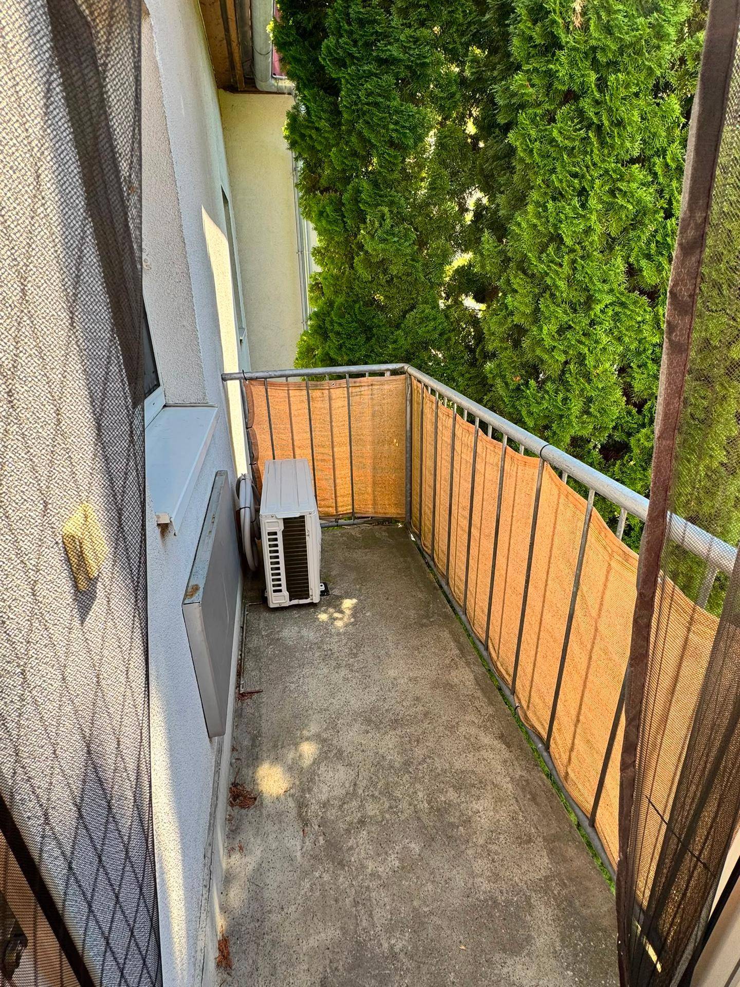 Schmaler Balkon mit Sichtschutz und Blick ins Grüne.