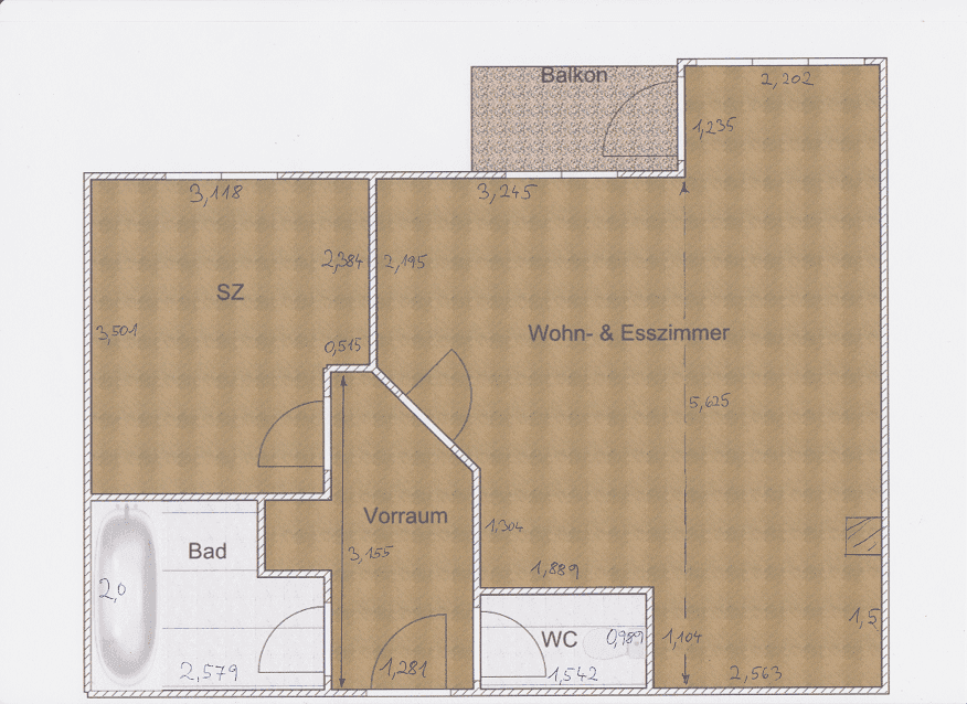Grundriss einer Wohnung mit Schlafzimmer, Wohn-Esszimmer, Bad und Balkon.