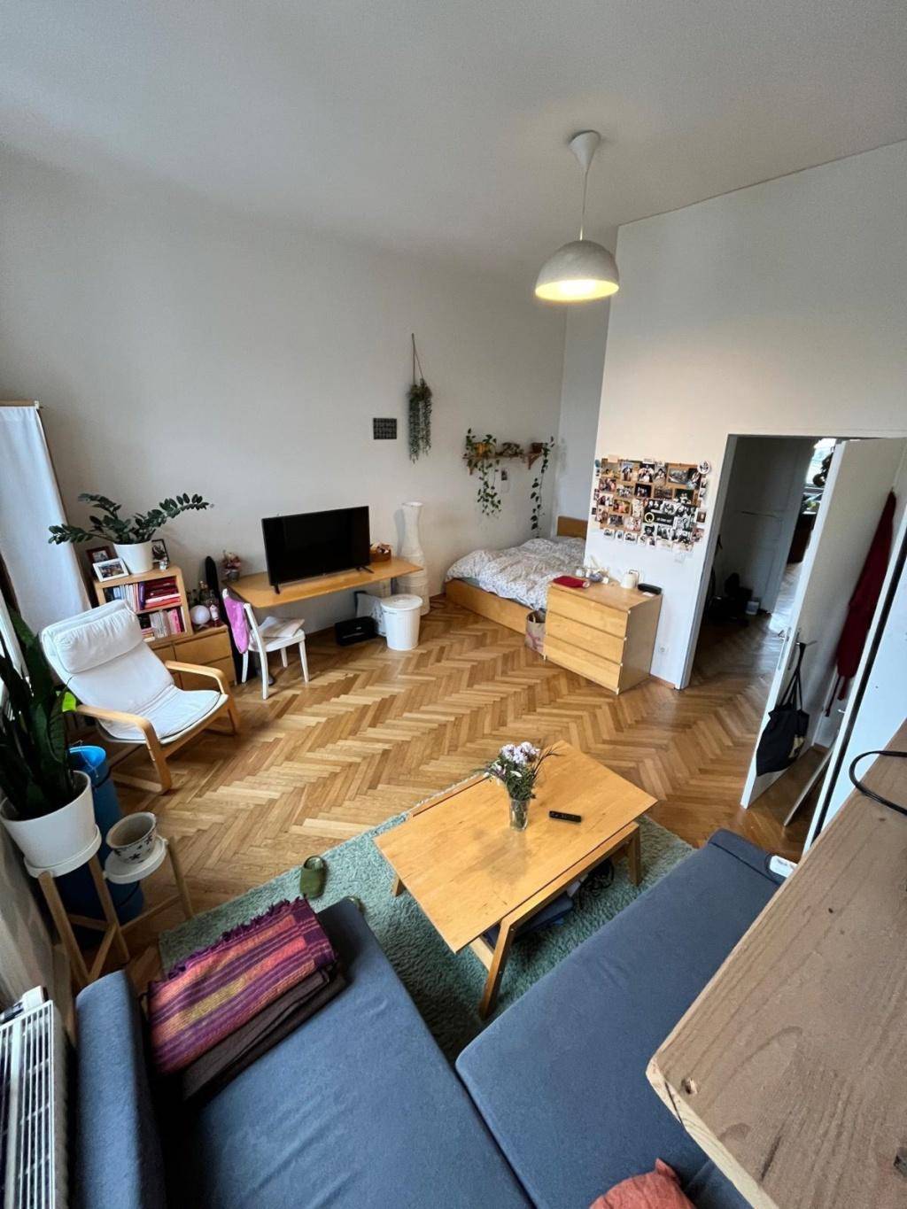 Geräumiger Wohnbereich mit Fischgrätparkett, Sofa, Fernseher und integriertem Schlafbereich.