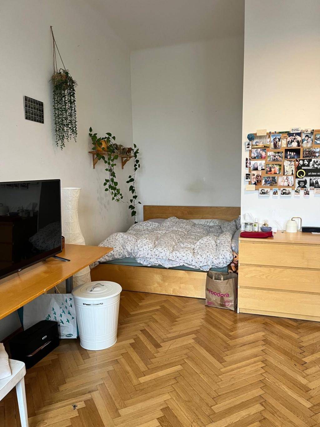 Heller Schlafbereich mit Holzbett, Kommode und Fernseher auf Fischgrätparkett.