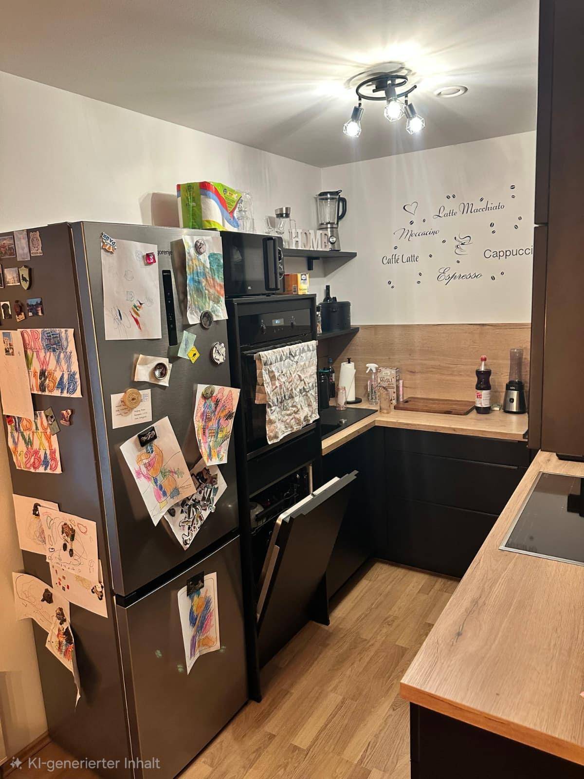 Funktionale Küche mit schwarzen Einbauschränken, Holz-Arbeitsplatten und integrierten Geräten.