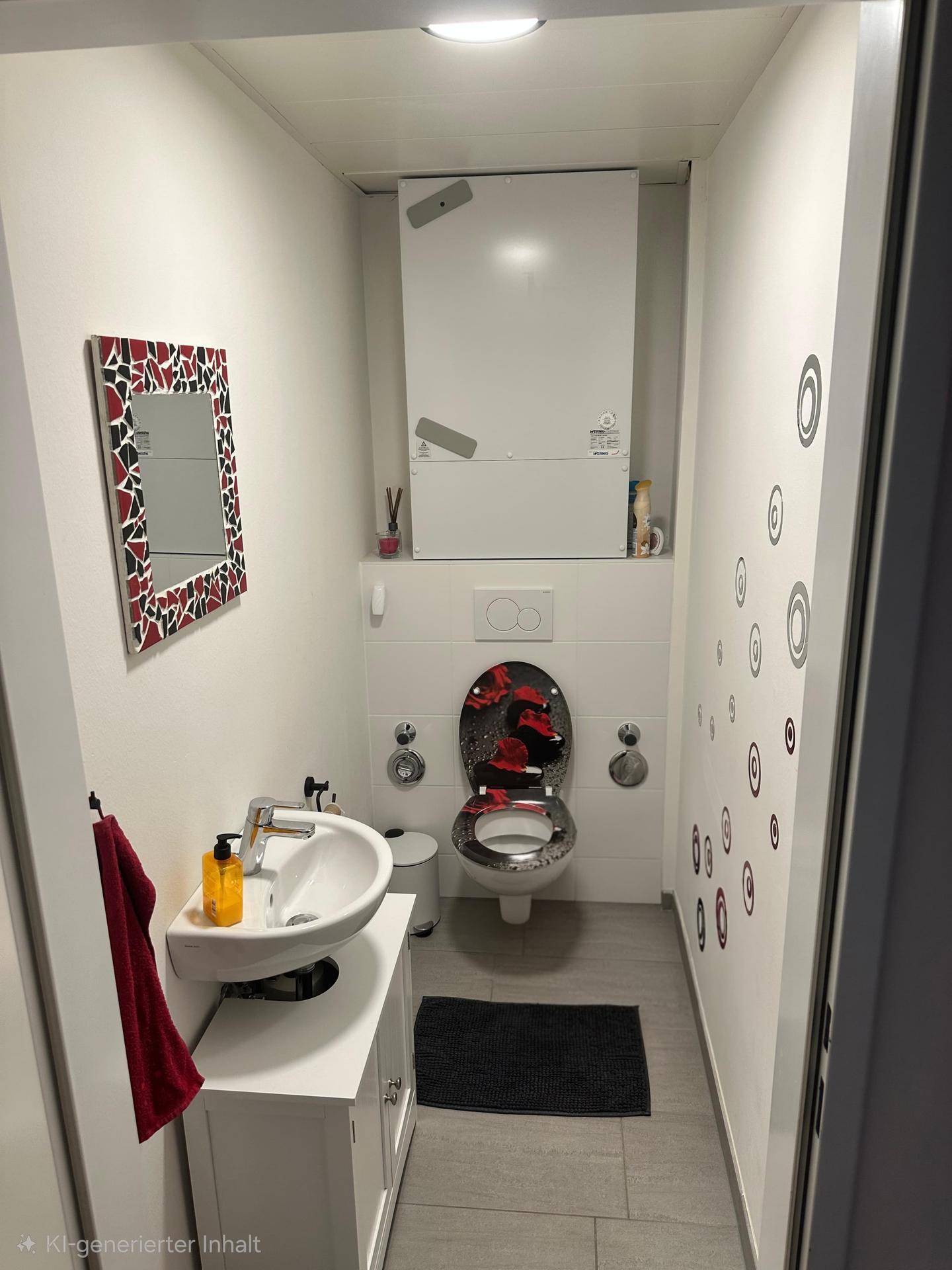 Kleines Gäste-WC mit modernem Waschbecken, Wand-WC und einem dekorativen roten Spiegel.