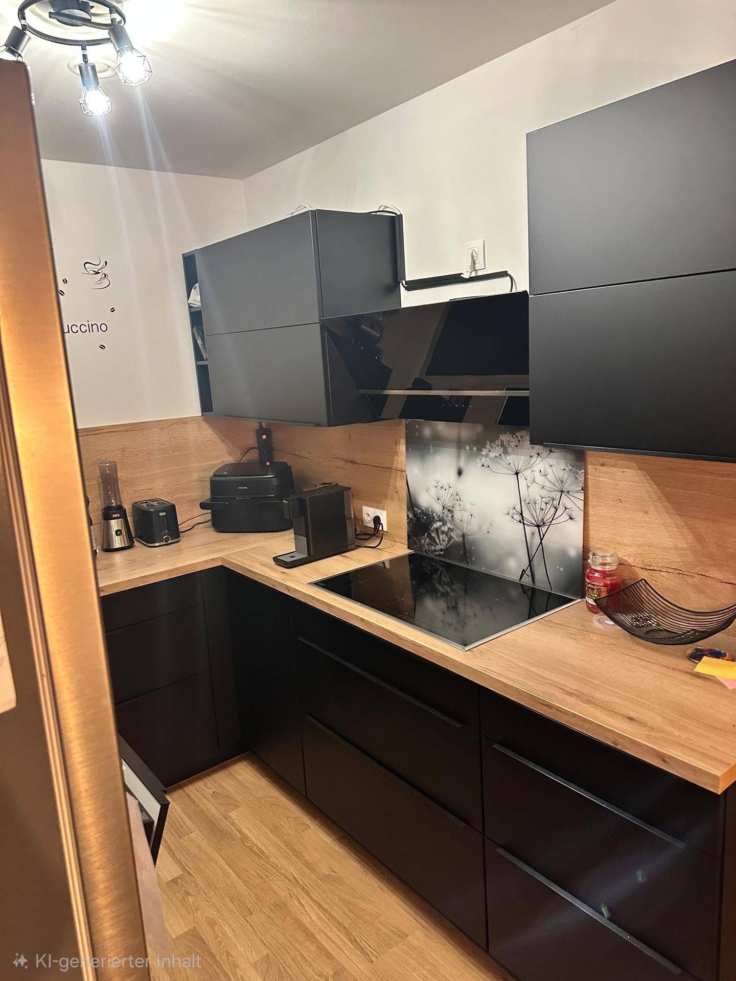 Moderne schwarze Küche mit Holz-Arbeitsplatten, Induktionskochfeld und Dunstabzugshaube.