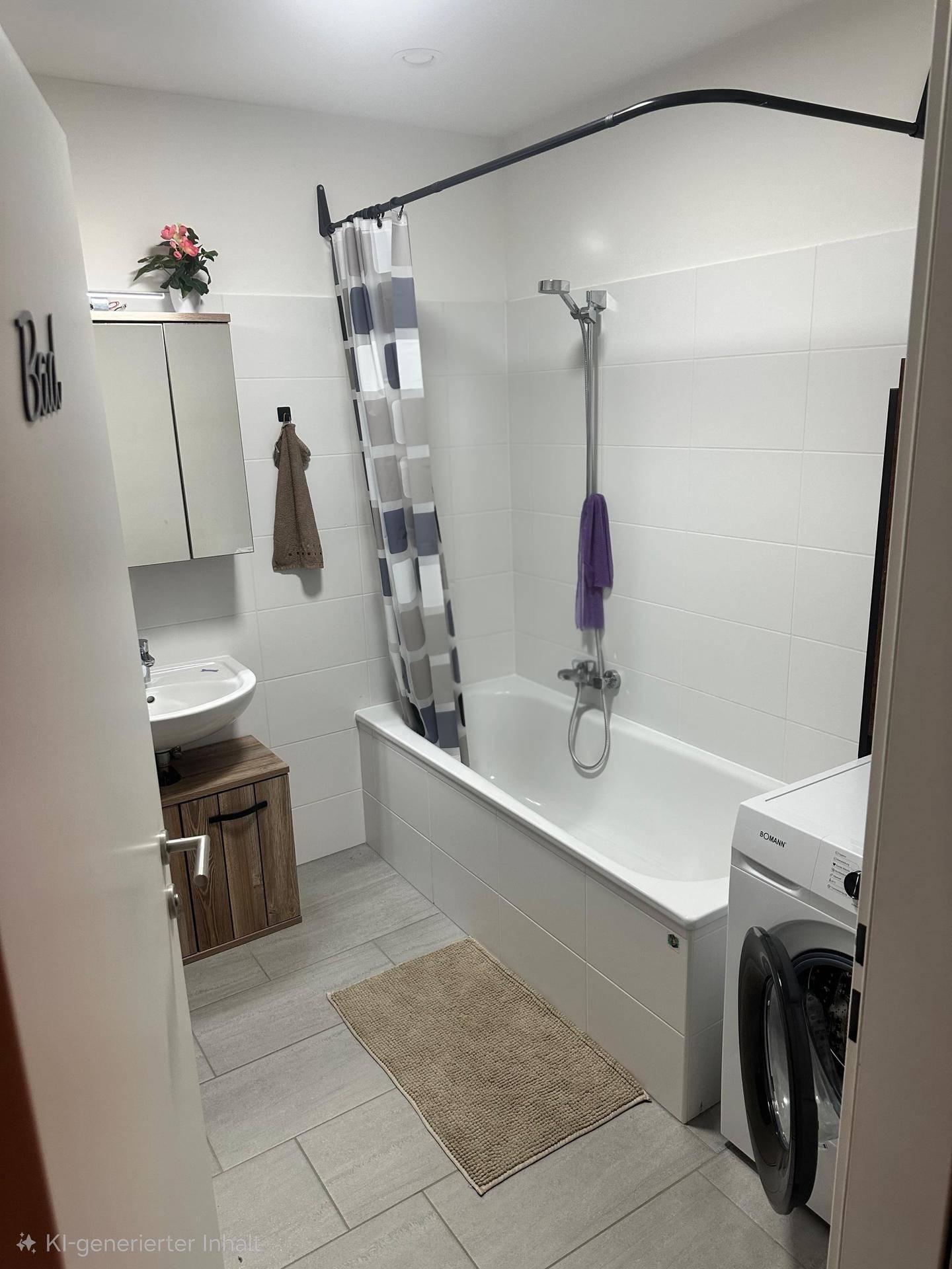 Helles Badezimmer mit Badewanne, Waschbecken und Waschmaschine, ausgestattet mit weißen Fliesen.