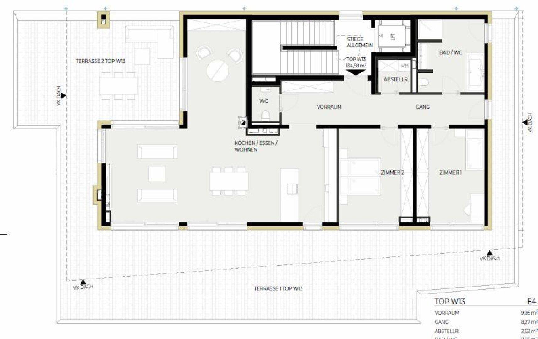 Grundriss der Wohnung TOP W13 mit offener Wohnküche und zwei Terrassen.