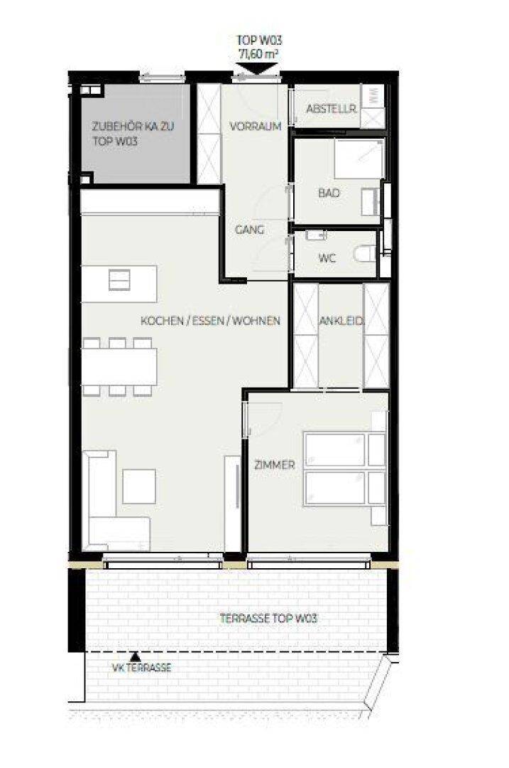 Grundriss der Wohnung TOP W03 mit 71,60 m², Terrasse, Bad und separatem WC.