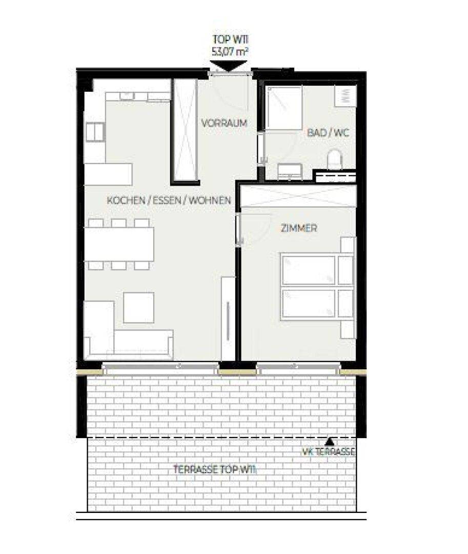 Grundriss einer Wohnung mit offenem Wohnbereich, einem Zimmer und großer Terrasse.