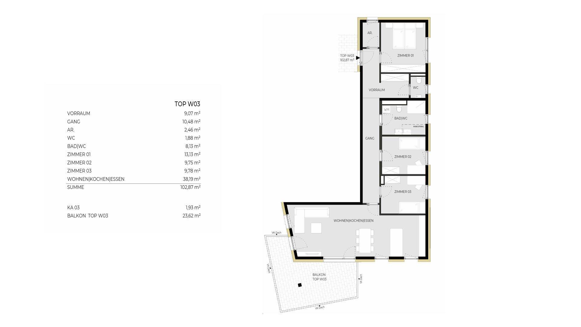 Grundriss einer Wohnung mit drei Zimmern, offenem Wohnbereich und Balkon.