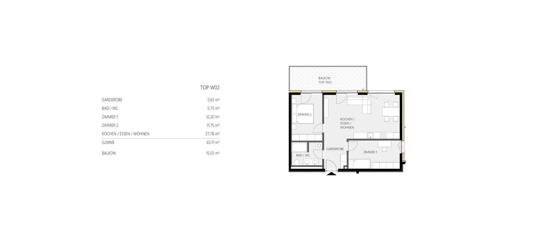 Grundriss der Wohnung TOP W02 mit zwei Zimmern, Bad und offenem Wohn-Essbereich.