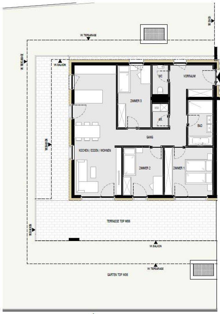 Grundrissplan einer Wohnung mit drei Zimmern, Bad und separatem WC.