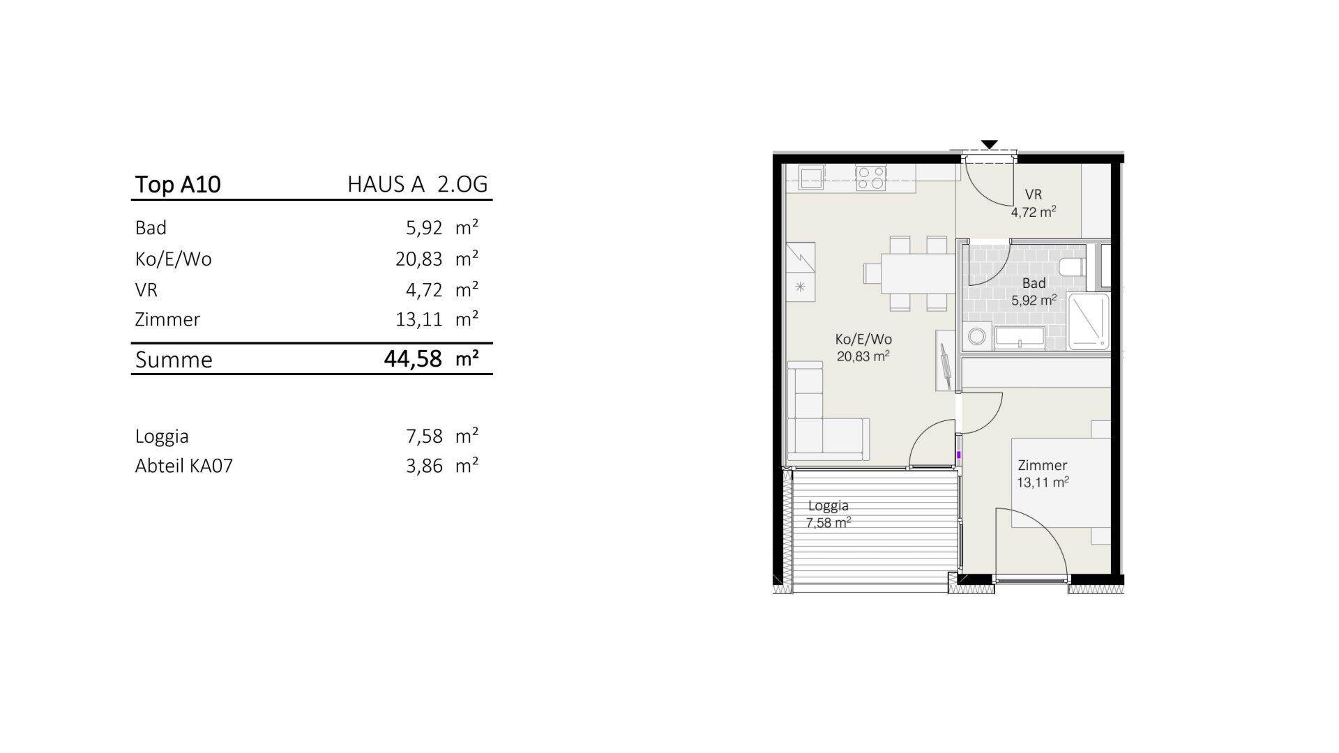 Grundriss einer Wohnung mit Loggia und separatem Zimmer, inklusive Flächenangaben für die Raumaufteilung.