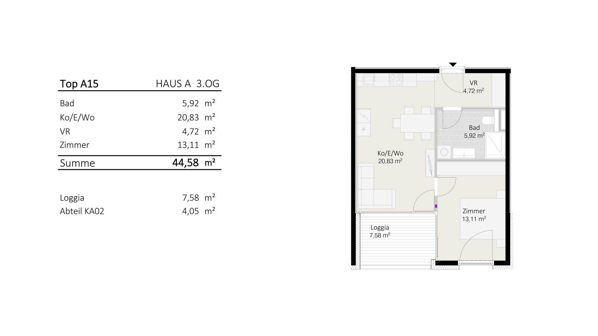Grundrissplan einer Wohnung mit Loggia und separatem Zimmer.
