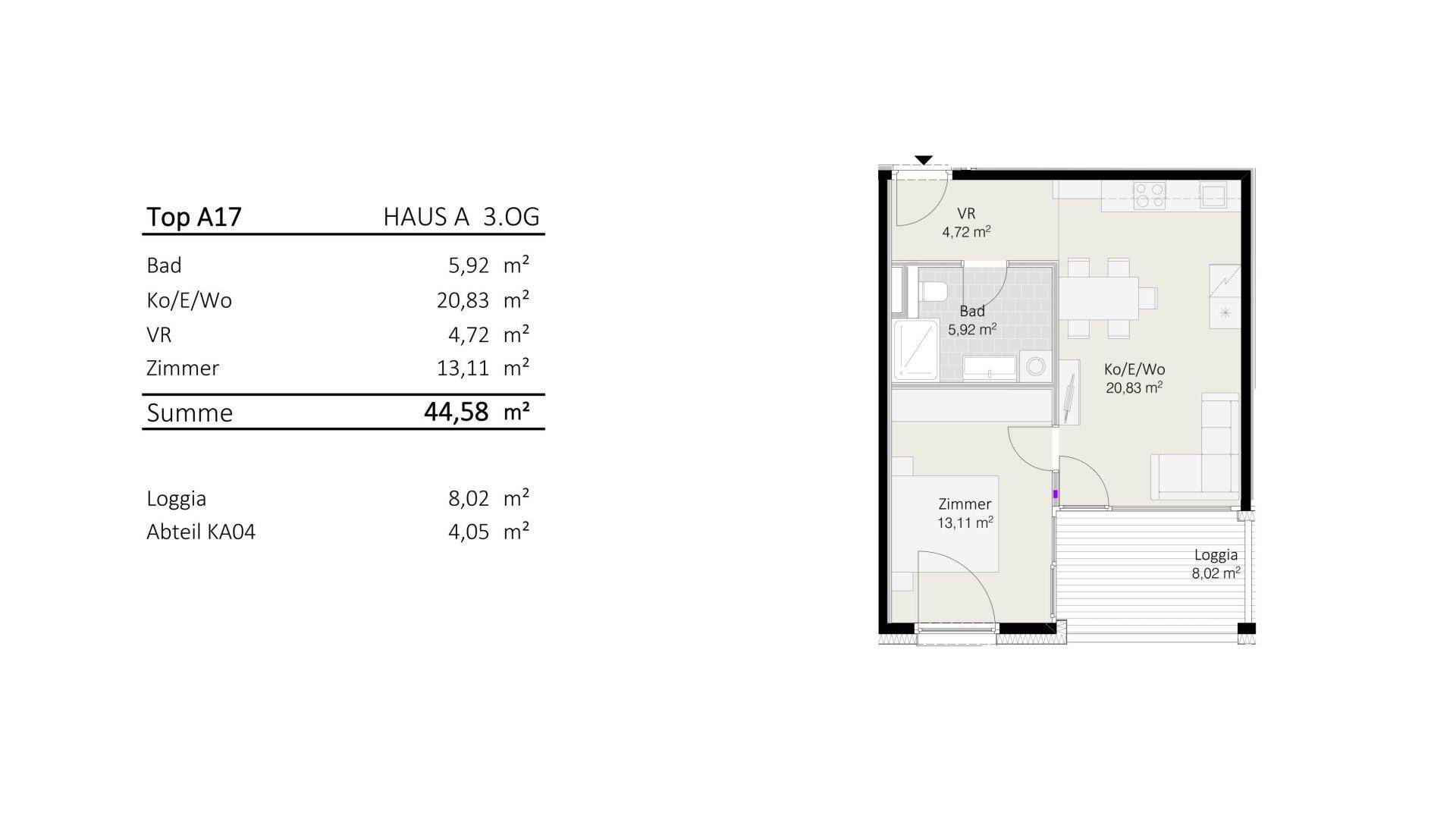Übersichtlicher Grundriss einer Wohnung mit Bad, Zimmer und offener Wohnküche.