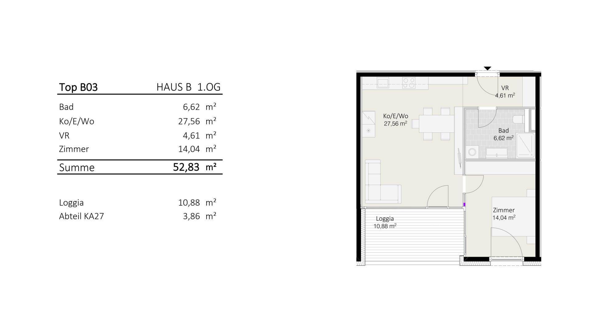 Grundriss einer Wohnung mit Loggia, Bad und einem Zimmer, Gesamtfläche 52,83 m².