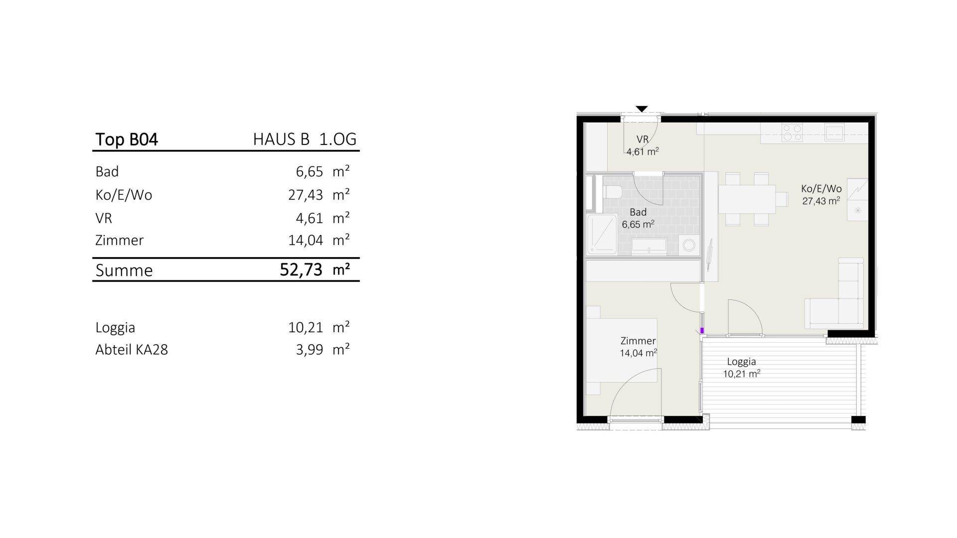 Grundriss der Wohnung Top B04 mit Loggia und separatem Abstellraum.