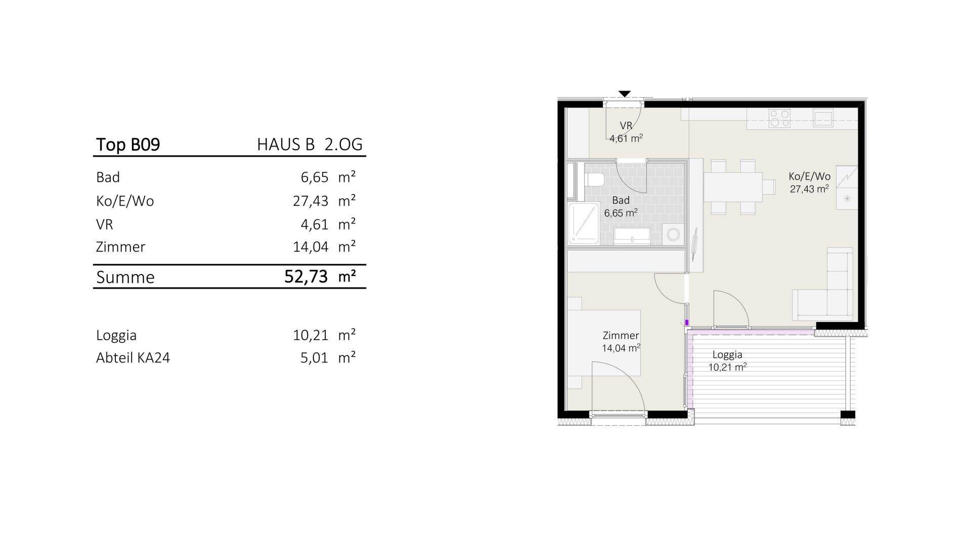 Grundriss einer Wohnung mit einem Schlafzimmer, Bad, Wohnküche und Loggia.