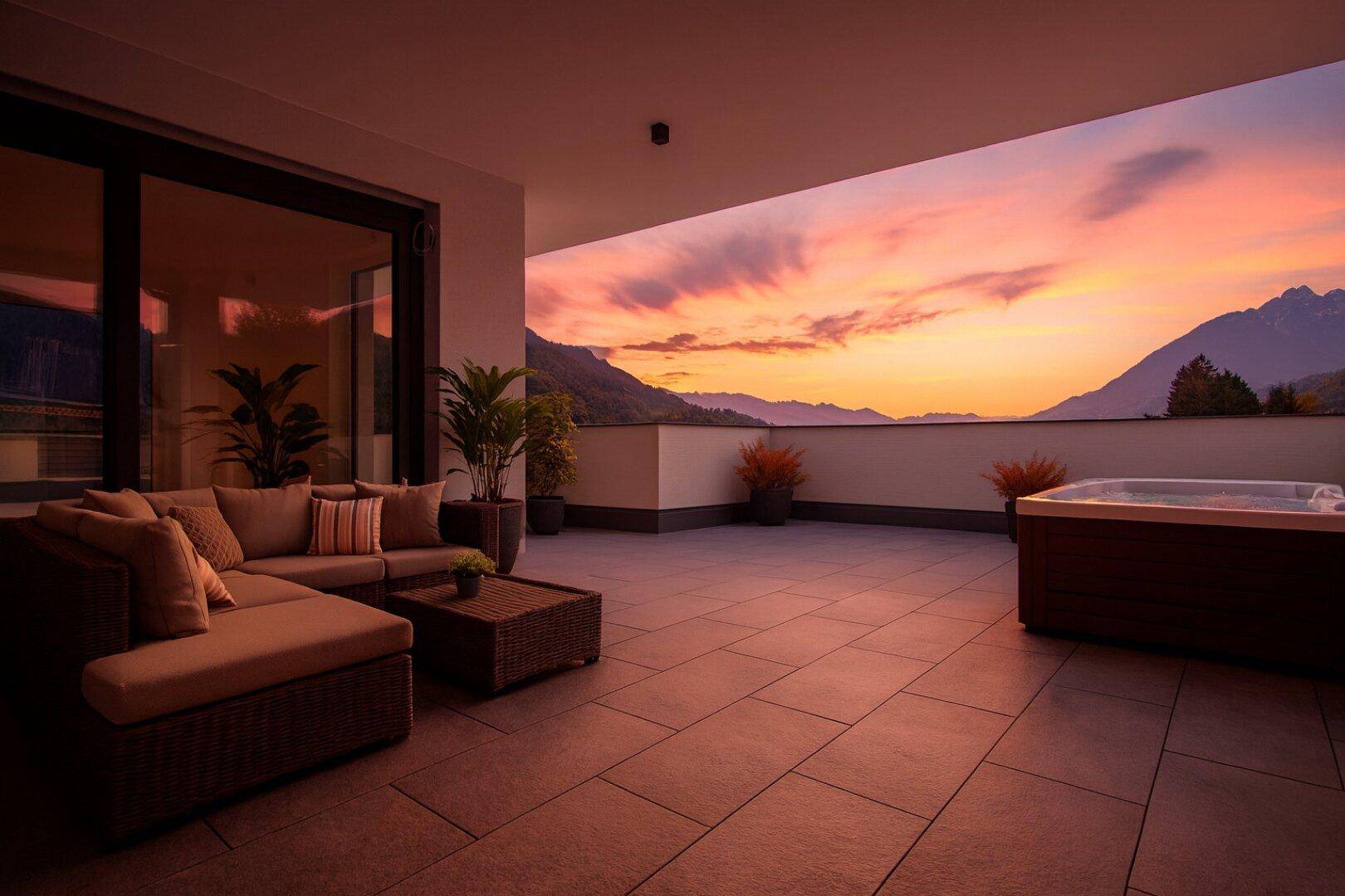 Terrasse bei Sonnenuntergang mit gemütlicher Sitzecke und Whirlpool, umgeben von Bergen.