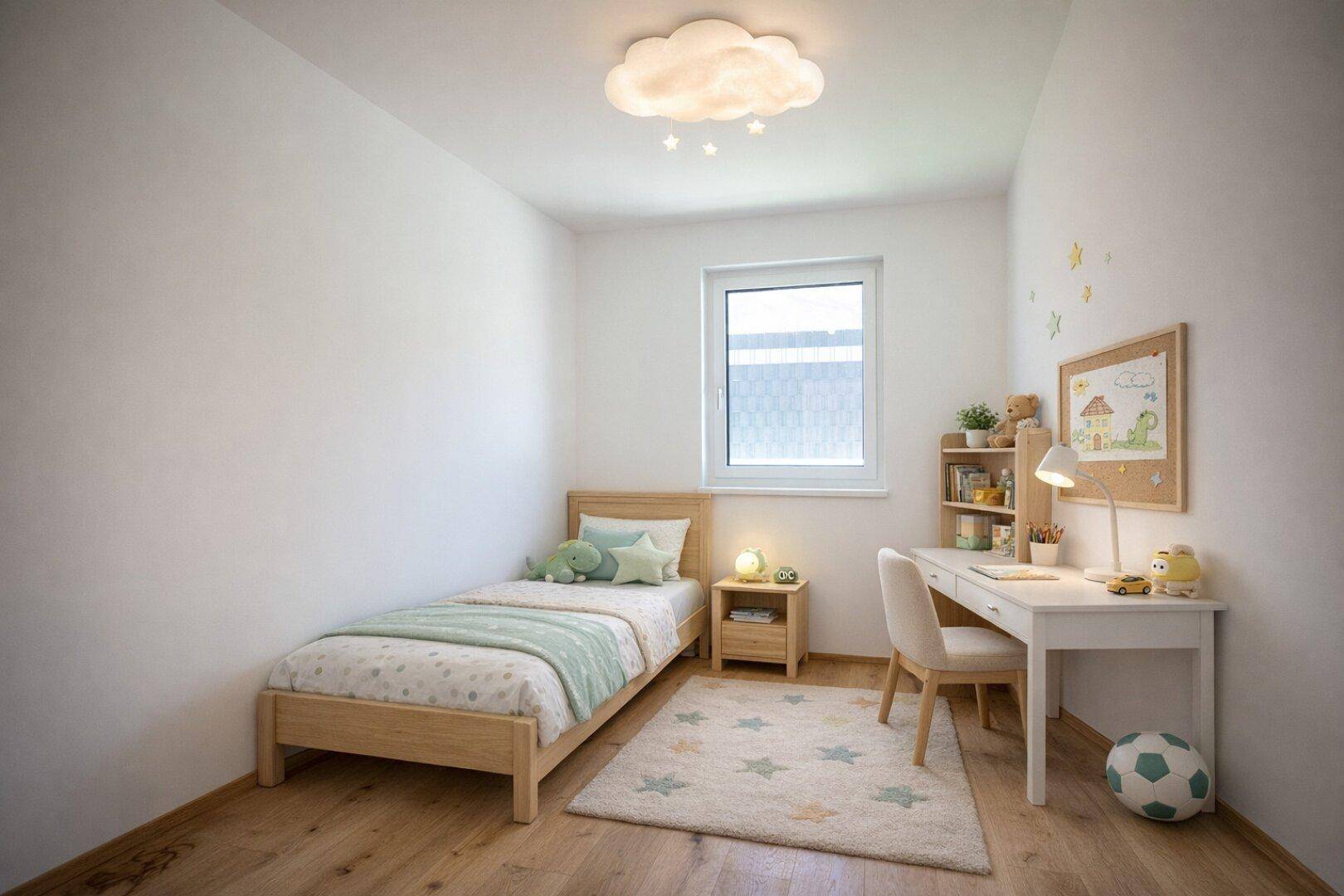 Helles Kinderzimmer mit Holzbett, Schreibtisch und Sternen-Teppich.